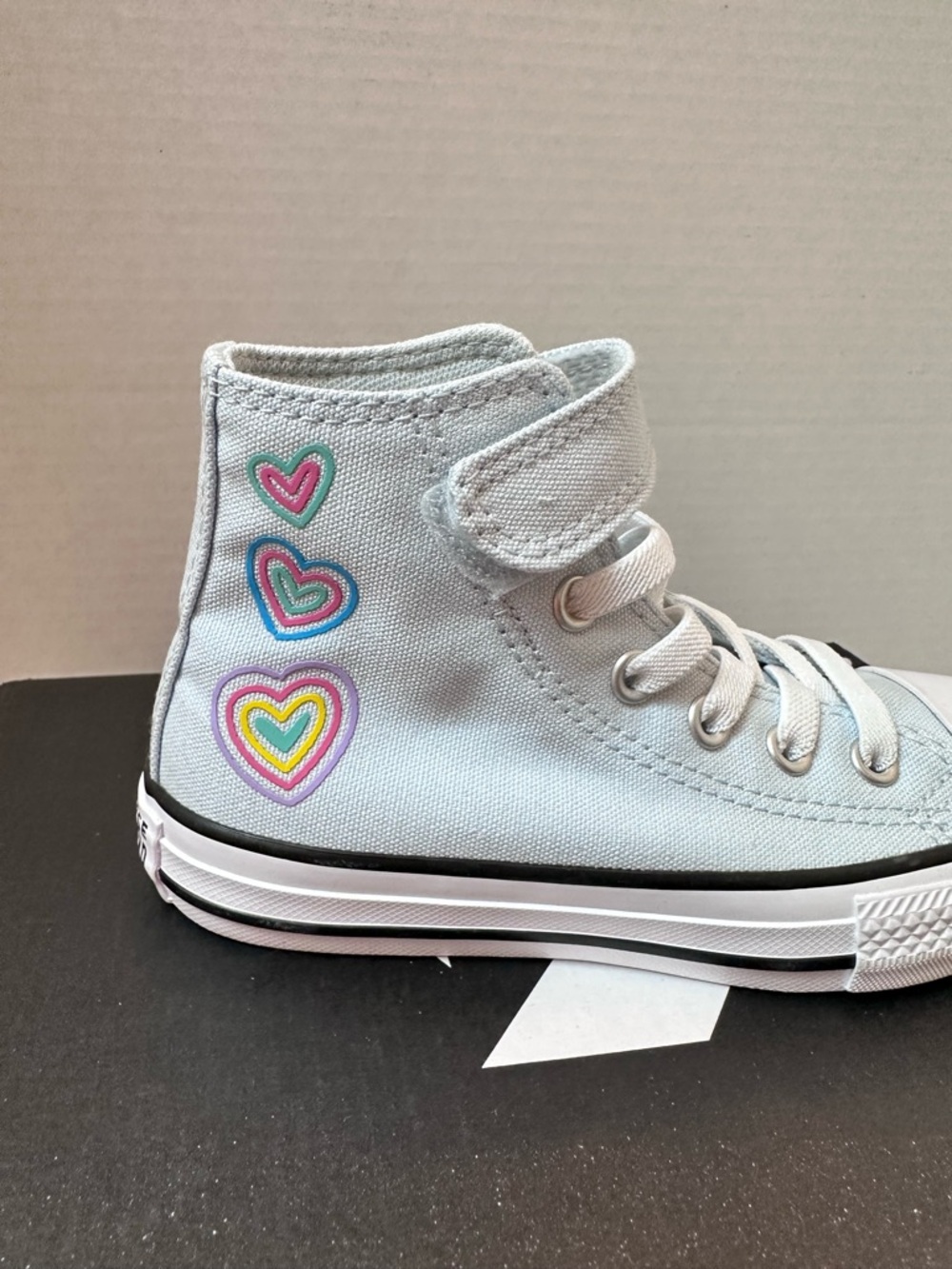Converse Kids Light Blue High Top Sneakers with Rainbow Heart Accents - Picture 2 of 10